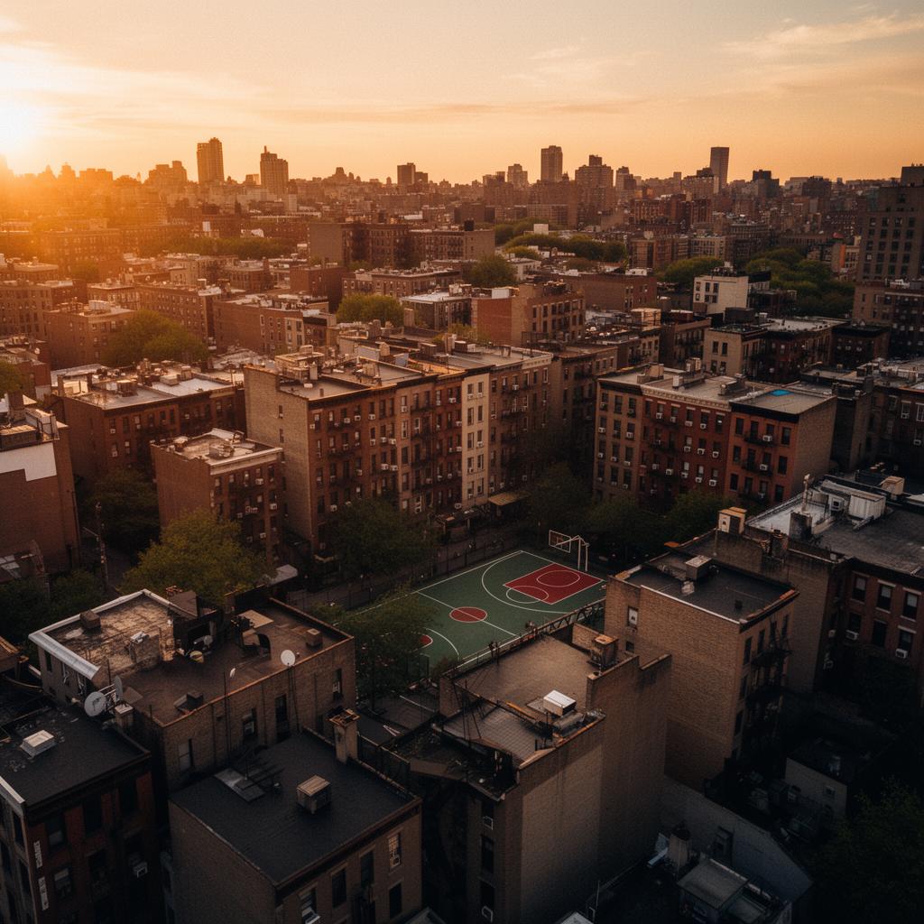 Aerial view of urban neighborhood at golden hour